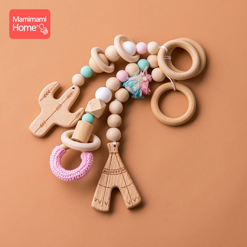 Mamihome 3pc/Set Baby Wooden Teether Chain Gym Play Cactus Pendant Wooden Blank Crochet Bead Ring-Pull Ring Children'S Gopds Toy