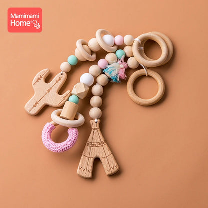 Mamihome 3pc/Set Baby Wooden Teether Chain Gym Play Cactus Pendant Wooden Blank Crochet Bead Ring-Pull Ring Children'S Gopds Toy