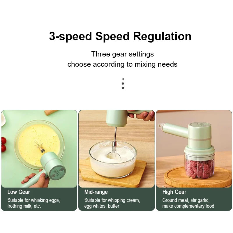 USB 2 In 1 Wireless Electric Garlic Chopper Masher Whisk Egg Beater 3-Speed Control with 2 Mixing Rods Kitchen Handheld Frother