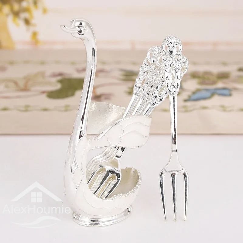 Ice Cream Cake Coffee Tea Stirring Spoons Dessert Swan Holder Cutlery Spoons Set Cutlery Kitchen Tableware 1 Set of 7 Pieces