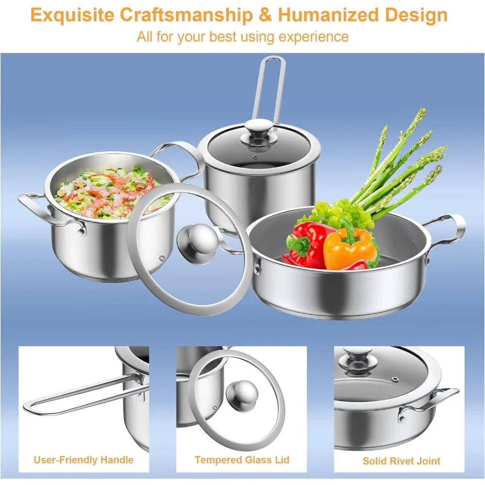 Stainless Steel pots and pans set,6 Piece Nonstick Kitchen Induction Cookware Set,Works with Induction/Electric and Gas Cooktops