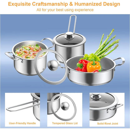 Stainless Steel pots and pans set,6 Piece Nonstick Kitchen Induction Cookware Set,Works with Induction/Electric and Gas Cooktops