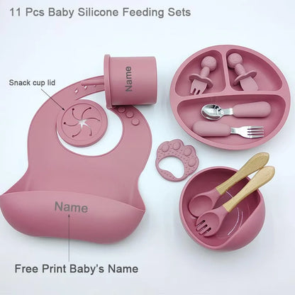 11Pcs Silicone Feeding Sets For Baby Personalized Name Children's Tableware Suction Cup Plates Bowl Spoon Feeding Cups BPA Free