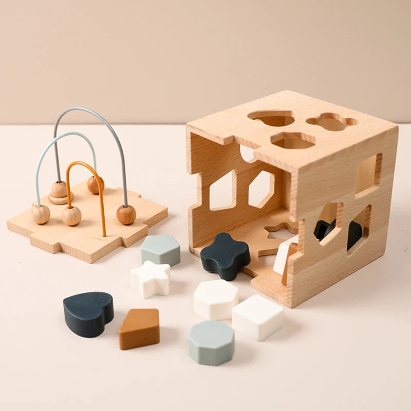 Wooden Box Toys Five-in-one Multifunctional Geometric Shape Blocks Shape Matching Toys Montessori Puzzle Education Stacking Game