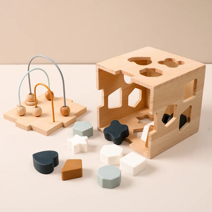 Wooden Box Toys Five-in-one Multifunctional Geometric Shape Blocks Shape Matching Toys Montessori Puzzle Education Stacking Game