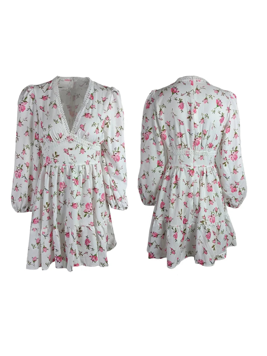 Vintage Women Summer Mini Dress Long Sleeve Floral Print Ruffles V Neck High Waist A-Line Cocktail Vestidos