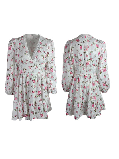 Vintage Women Summer Mini Dress Long Sleeve Floral Print Ruffles V Neck High Waist A-Line Cocktail Vestidos