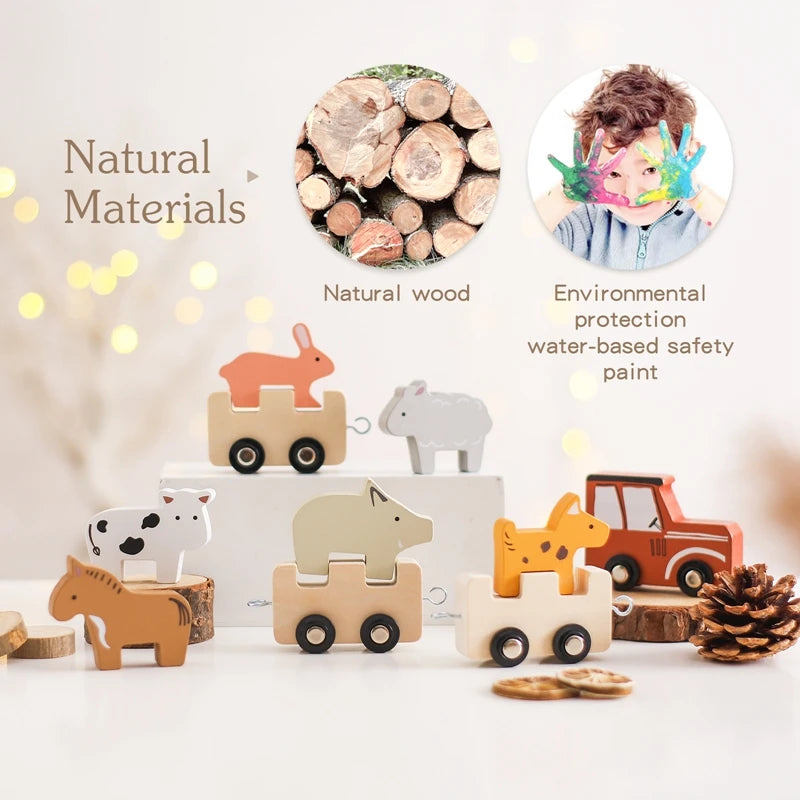 Montessori Toys Baby Animal Train Toys Wooden Animal Stacking Toy Blocks Game Hands-on Queuing Ability Educational Children Gift