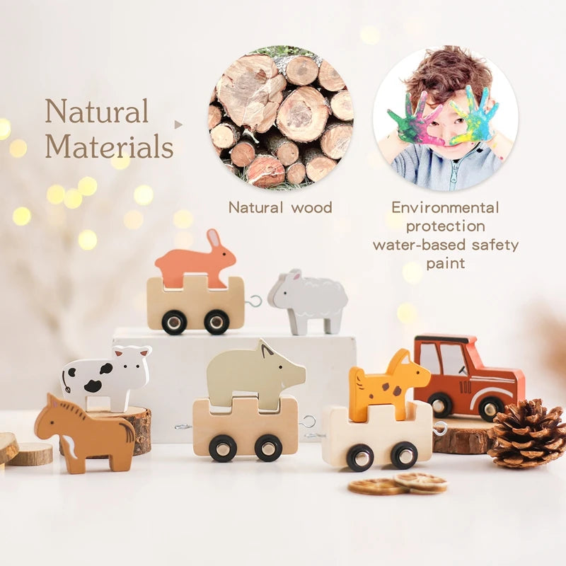 Baby Wooden Building Blocks Train Farm Animal Stacking Educational Toy Blocks Game Hands-on Queuing Ability Educational Kid Gift