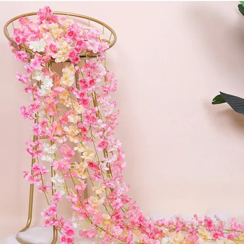 Artificial Flowers Cherry Blossoms Vines Silk Flowers Sakura Rattan Christmas Ornament Hanging Garland Wedding Home Decoration