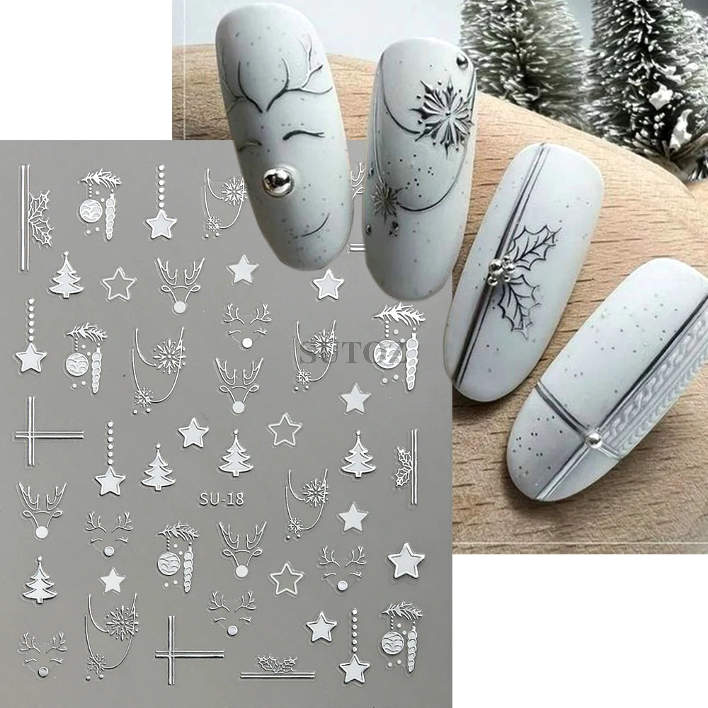 3D Golden Christmas Nail Stickers Metallic Silver Deer Bear Snowflakes Star Nail Decals New Year Decoration 2024 Slider LEBSU-19