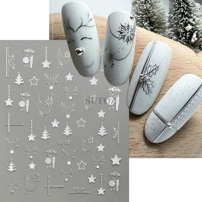 3D Golden Christmas Nail Stickers Metallic Silver Deer Bear Snowflakes Star Nail Decals New Year Decoration 2024 Slider LEBSU-19