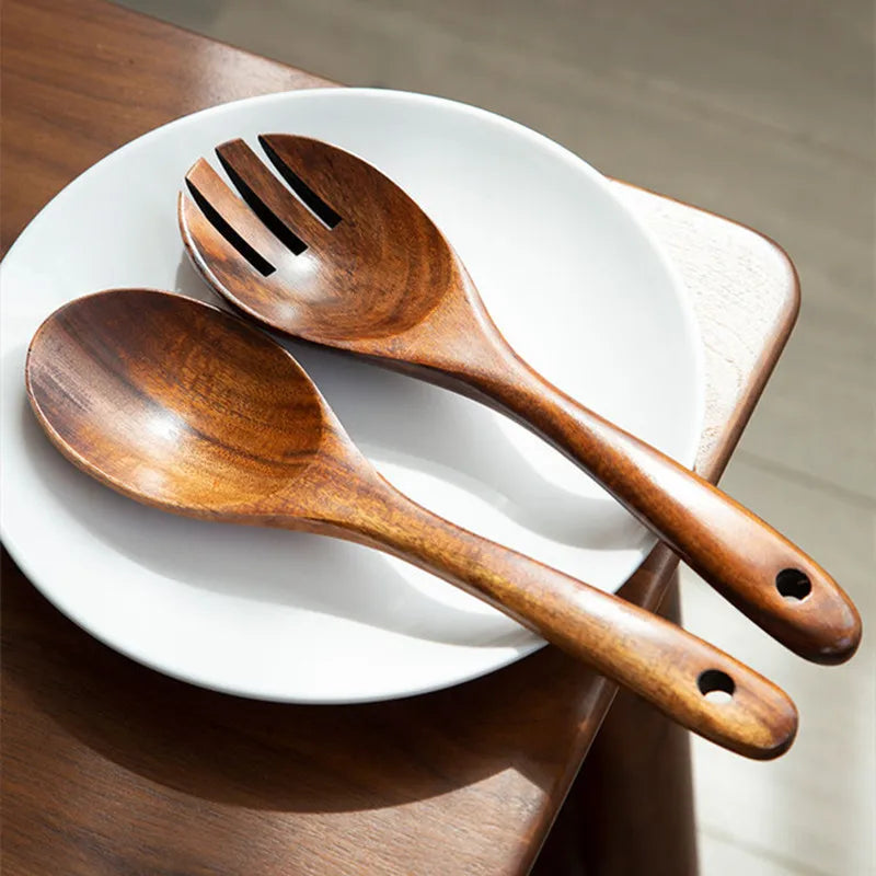 Wooden Large Spoon Fork Cutlery Set  Japanese Style Long Handle Serving Salad Scoop Dinnerware Set Tableware Kitchen Utensil