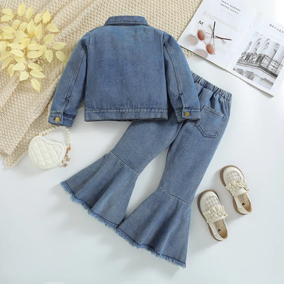IYEAL Autumn Girls' Denim Clothing Sets Denim Long-sleeved jacket+Flare Pants 2PCS Baby Kids Clothes Suit Children Clothing