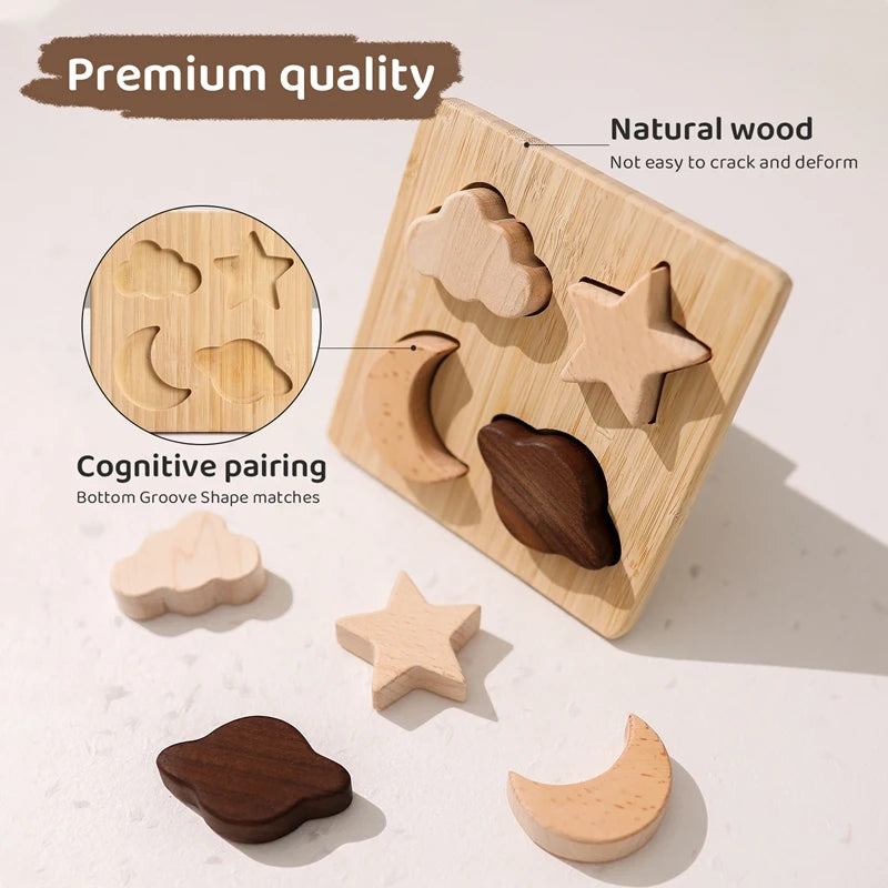 Baby Wooden Montessori Puzzle Stars And Moons Shapes Toys Jigsaw Puzzle Wooden Toy for Children Developing Learning Toy Kid Gift