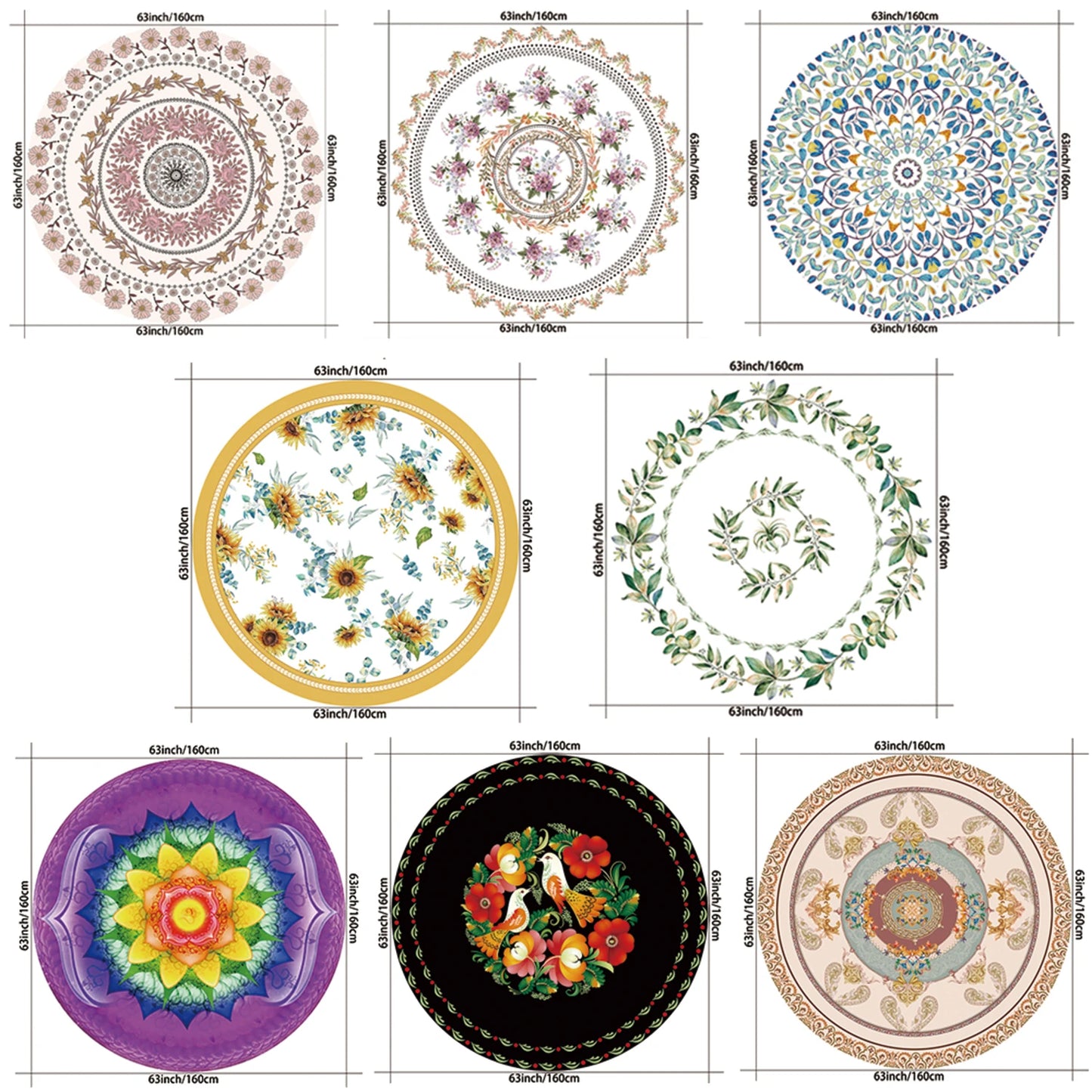 1PC Round Tablecloth with Floral Plant Waterproof Colored Dining Table Cover Multi-purpose 63 inch Sunflower Tablecloth