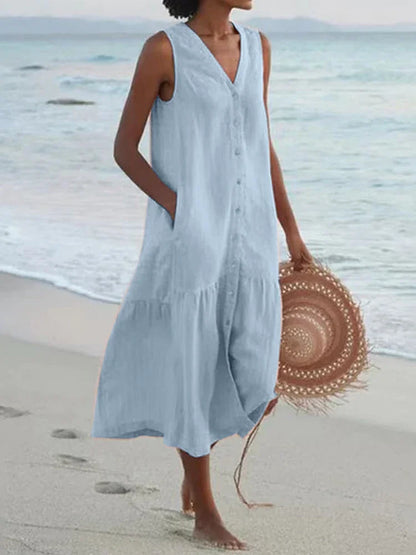 Loose Patchwork V-Neck Midi Dress