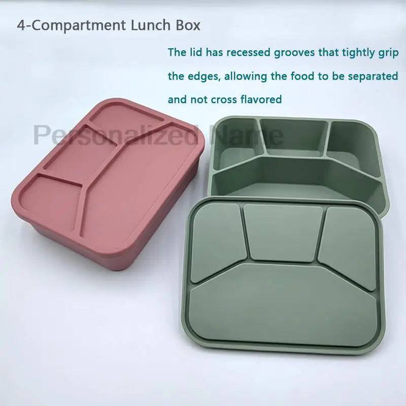 Personalized Name Lunch Box Portable Silicone Bento Box For Student Office Workers Food Container With 4 compartments Leakproof