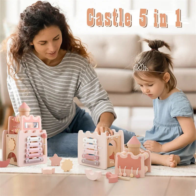 Montessori Toys Baby Wooden Castle Pink House Blocks Toys Puzzle Game Early Education Accessories Multifunctional Toy Baby Gifts