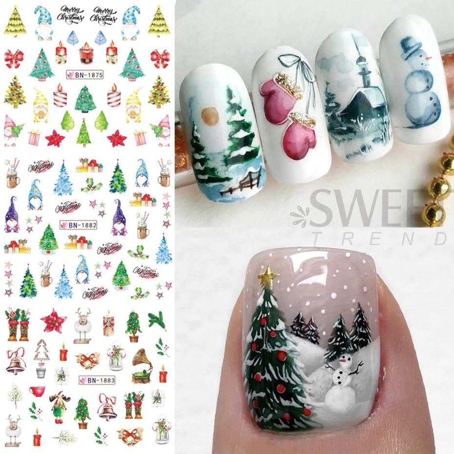 12pcs Christmas Crystal Ball Nail Sticker Winter Cartoon Nail Decal Letter Pine Leaf Snowflake Slider Decoration Watermarks JIBN