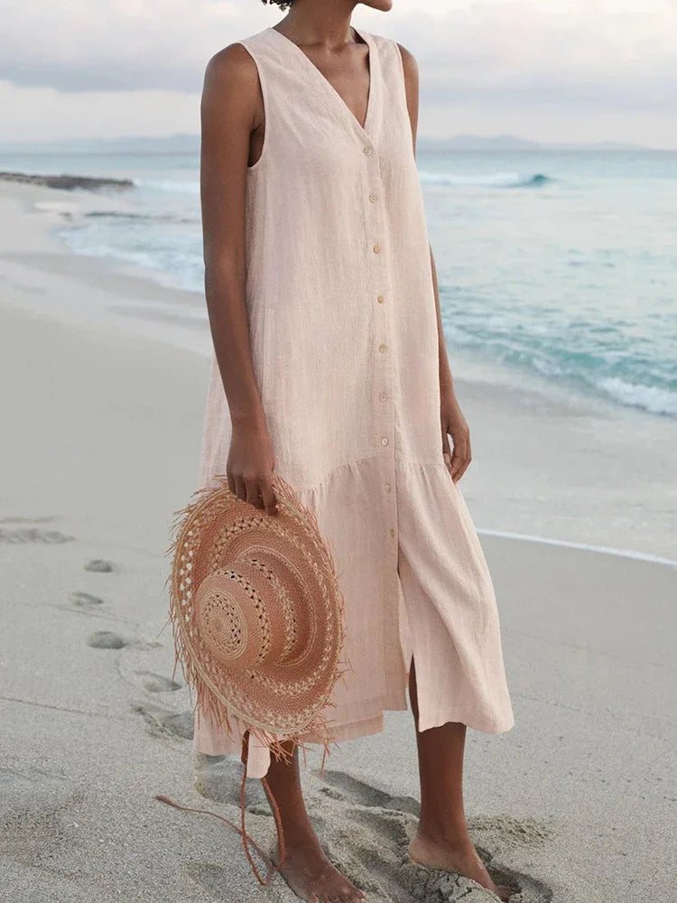 Loose Patchwork V-Neck Midi Dress