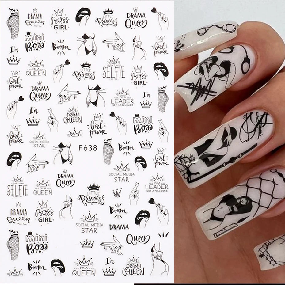 3D Nail Stickers Heart Love Geometry for Nails Gold Letter Stickers Face Gradient Adhesive Sticker Nail Design Art Decorations
