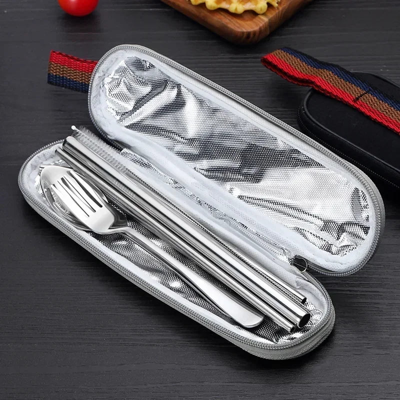 8Pcs/set Tableware Reusable Travel Cutlery Set Camp Utensils Set with stainless steel Spoon Fork Chopsticks Straw Portable case