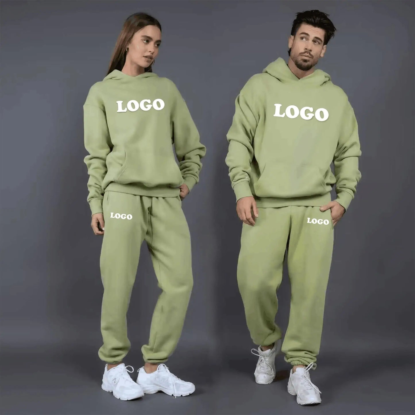 Custom logo autumn and winter cotton 60% polyester 40% plush and thickened men's and women's loose hooded sweater two-piece set