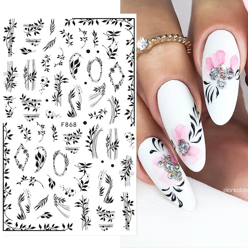 1PCS Black Flowers Leaves 3D Nail Stickers Nail Decoration Butterfly Snake Stickers Nail Decoration Decals Nail Parts