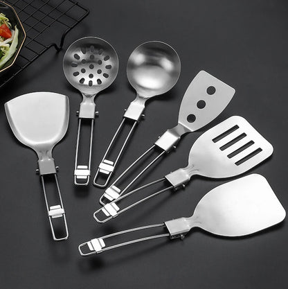 Foldable Cooking Utensils Set Stainless Steel Long Handle Shovel Spoon Spatula Kitchenware Camping Picnic BBQ Cookware Gadgets