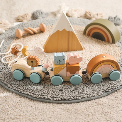 Baby Montessori Wooden Animal Zoo Train Thread Toys Wooden Blocks Trolley Infant Learning Educational Toy Children Stacking Toys