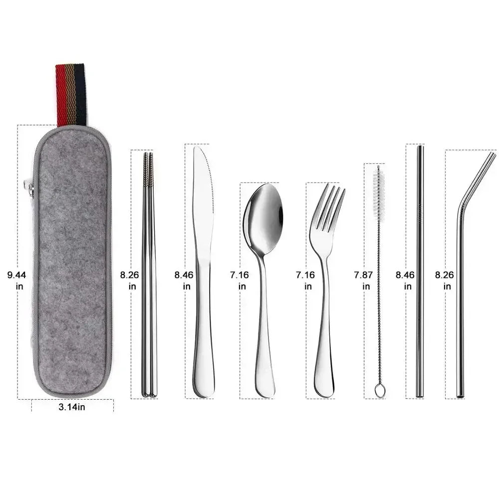 8Pcs/set Tableware Reusable Travel Cutlery Set Camp Utensils Set with stainless steel Spoon Fork Chopsticks Straw Portable case