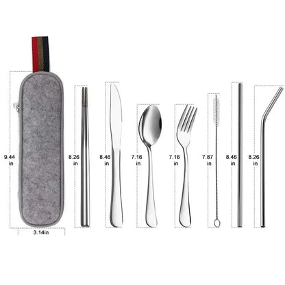 8Pcs/set Tableware Reusable Travel Cutlery Set Camp Utensils Set with stainless steel Spoon Fork Chopsticks Straw Portable case