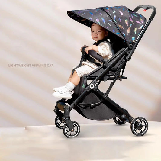 Lightweight Stroller Folding Simple High Landscape Newborn Stroller with Telescopic Trolley Shock Absorption Rubber Wheels
