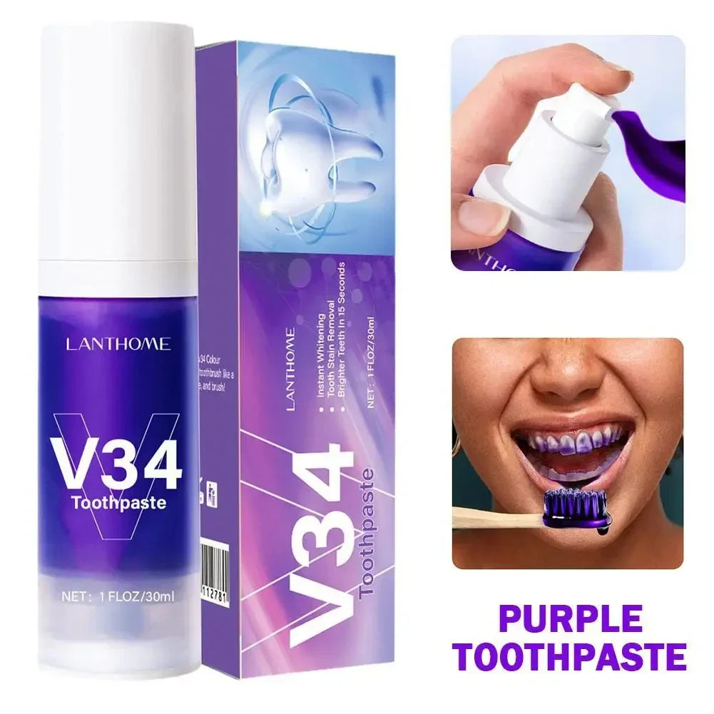 V34 Pro Smile Removal Plaque Stain Purple Corrector Teeth Whitening Toothpaste Enamel Easy Reduce Yellowing Oral Clean Care New