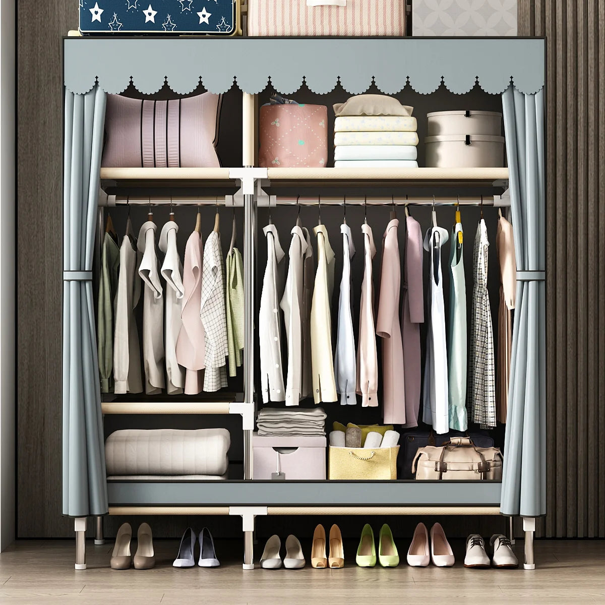Spacious Wardrobe with Dustproof Cover - Durable Steel Frame - Ideal for Bedroom, Dorm, Entryway Organization
