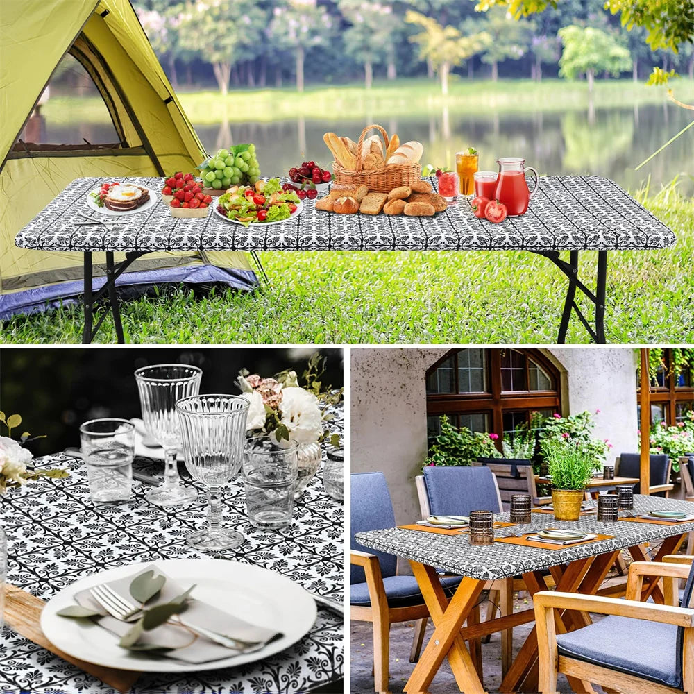 Homaxy Rectangle Vinyl Table Cloth Elastic Fitted Tablecloth Waterproof Plastic Table Covers Fold Tables Picnic Camping Outdoor