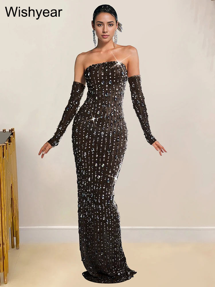 Wishyear Women Elegant luxury rhinestone Black Strapless Backless Evening Dress with Glove Formal Occasion Prom Birhtday Vestido