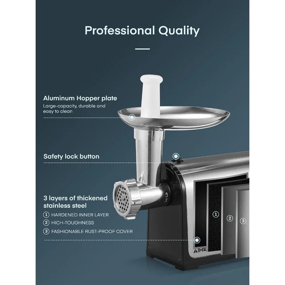 Electric Meat Grinder, Aiheal Stainless Steel Sausage Stuffer Maker with 2 Blades & 3 Plates,3 Sausage Stuffer Tubes & Kubbe Kit