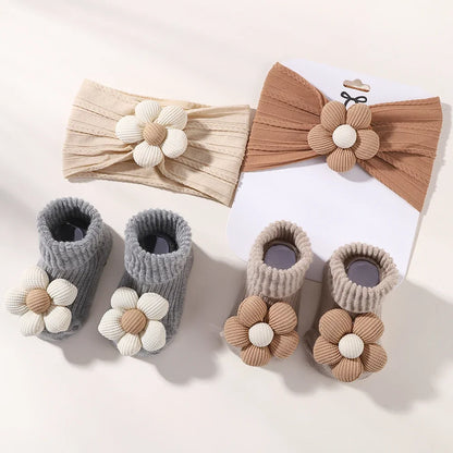 2Pcs Flower Baby Headband Socks Set Soft Nylon Hairband for Newborn Girl Elastic Floral Turban Short Sock Infant Headwear