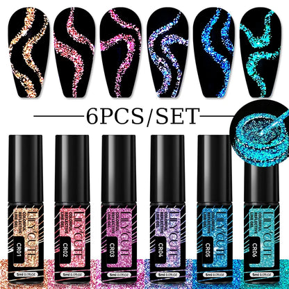 LILYCUTE 6Pcs Colorful Reflective Glitter Nail Art Liner Gel Nail Kit Sparkling Painting Gel Nail Polish Semi Permanent UV Gel
