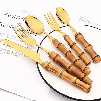 Drmfiy 4/20Pcs Natural Bamboo Handle Silver Dinnerware Set Stainless Steel Cutlery Set Kitchen Knife Fork Spoons Tableware Set