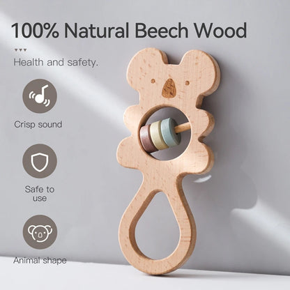 1PC Wooden Rattle Teether Beech Koala Elephant Handbells Rattles BPA Free Rodents Teething Necklace Food Grade Baby Chewable Toy