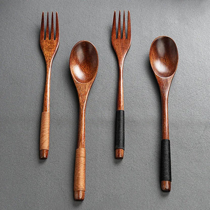 2Pcs Wooden Spoon Fork Dinnerware Set Long Wood Spoon and Fork Set Dessert Soup Spoon Dining Fork Portable Cutlery Tableware