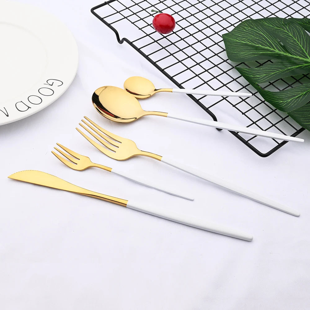 30pcs Gold Dinnerware Set Stainless Steel Steak Knife Fork Coffee Spoon Teaspoon Flatware Dishwasher Safe Kitchen Tableware Set