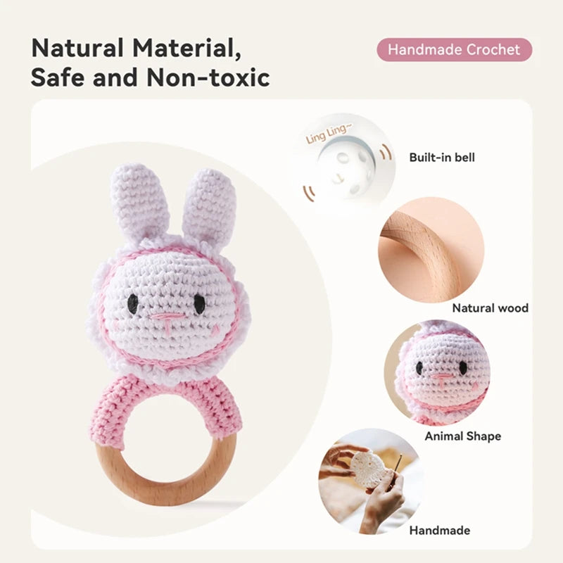 1PC Baby Wooden Rattle Toys Crochet Cartoon Rabbit Rattle Music Toy Teether Ring Baby Teether Rodent Gym Mobile Rattles Toy Gift