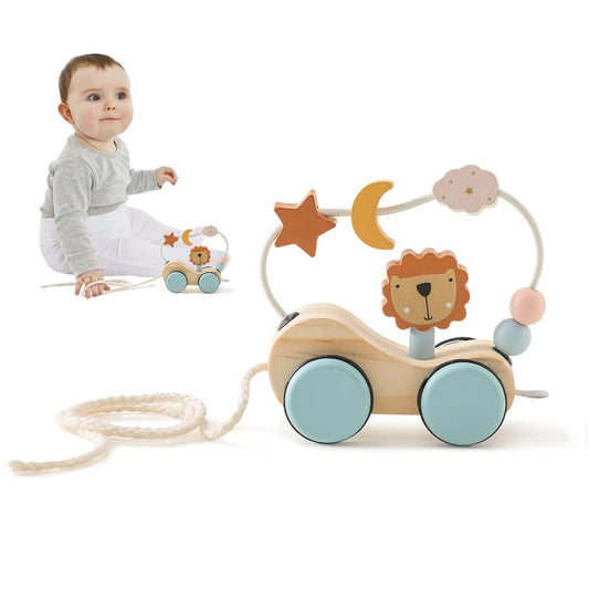 Wooden Montessori Baby Toys Animal Block Dragging Stars Moon Surround Train Hand-Eyes Coordination Stacking Toy Decoration Gifts