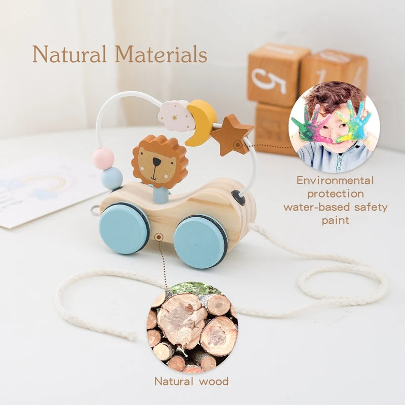 Wooden Montessori Baby Toys Animal Block Dragging Stars Moon Surround Train Hand-Eyes Coordination Stacking Toy Decoration Gifts