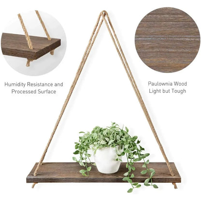 Wooden Rope Swing Wall Hanging Plant Flower Pot Tray Mounted Floating Wall Shelves Nordic Home Decoration Moredn Simple Design