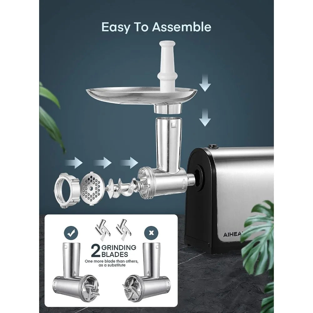 Electric Meat Grinder, Aiheal Stainless Steel Sausage Stuffer Maker with 2 Blades & 3 Plates,3 Sausage Stuffer Tubes & Kubbe Kit